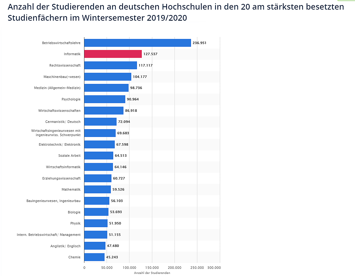 Im Wintersemester 2019/2020 war Informatik das Studienfach mit der zweithöchsten Studierendenanzahl. © Statista