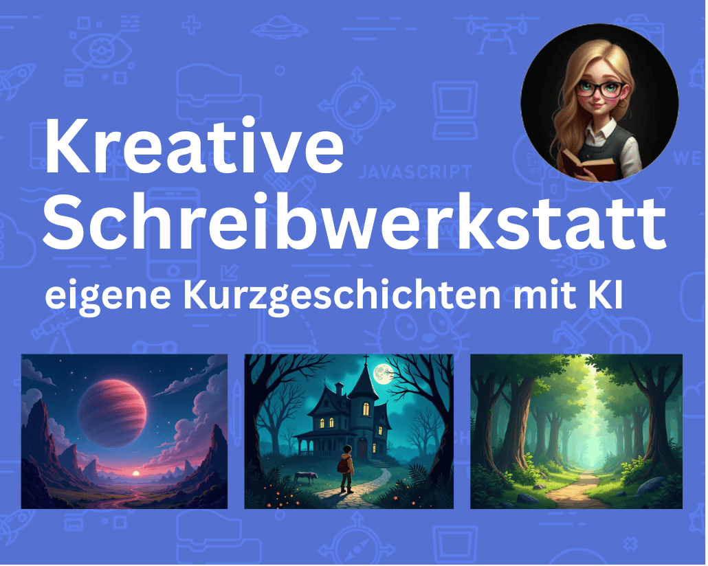 Mit Ki generierte Bilder von Kurzgeschichten auf blauem Hintergrund, Text Kreative Schreibwerkstatt